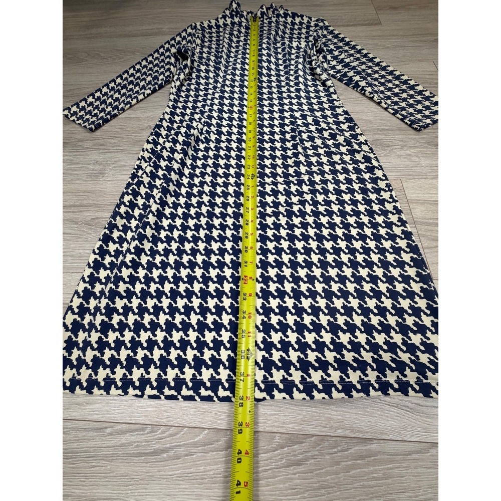 J. McLaughlin Navy Blue Cream Houndstooth Ruffle Neck A-Line Dress Womens Medium - Picture 9 of 9